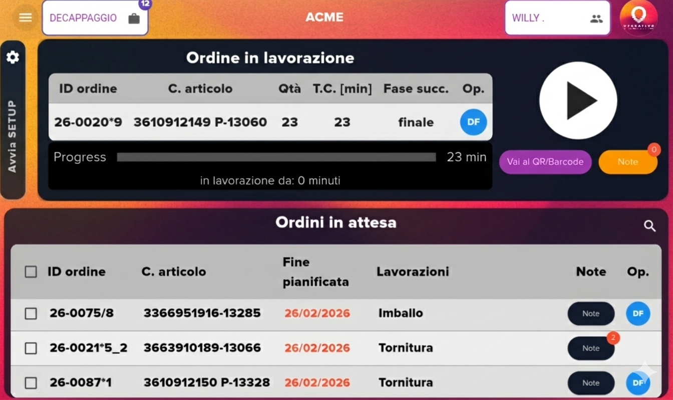 Interfaccia MES tablet Operativo - Avanzamento produzione in reparto con coda lavori e dichiarazione lavorazioni