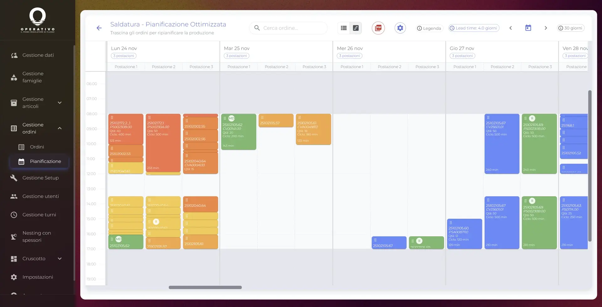 Schedulatore produzione Operativo - Gantt interattivo con drag and drop per pianificazione a capacità finita